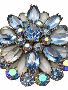 Vintage Blue Tiered Rhinestone Floral Brooch – 2¼"